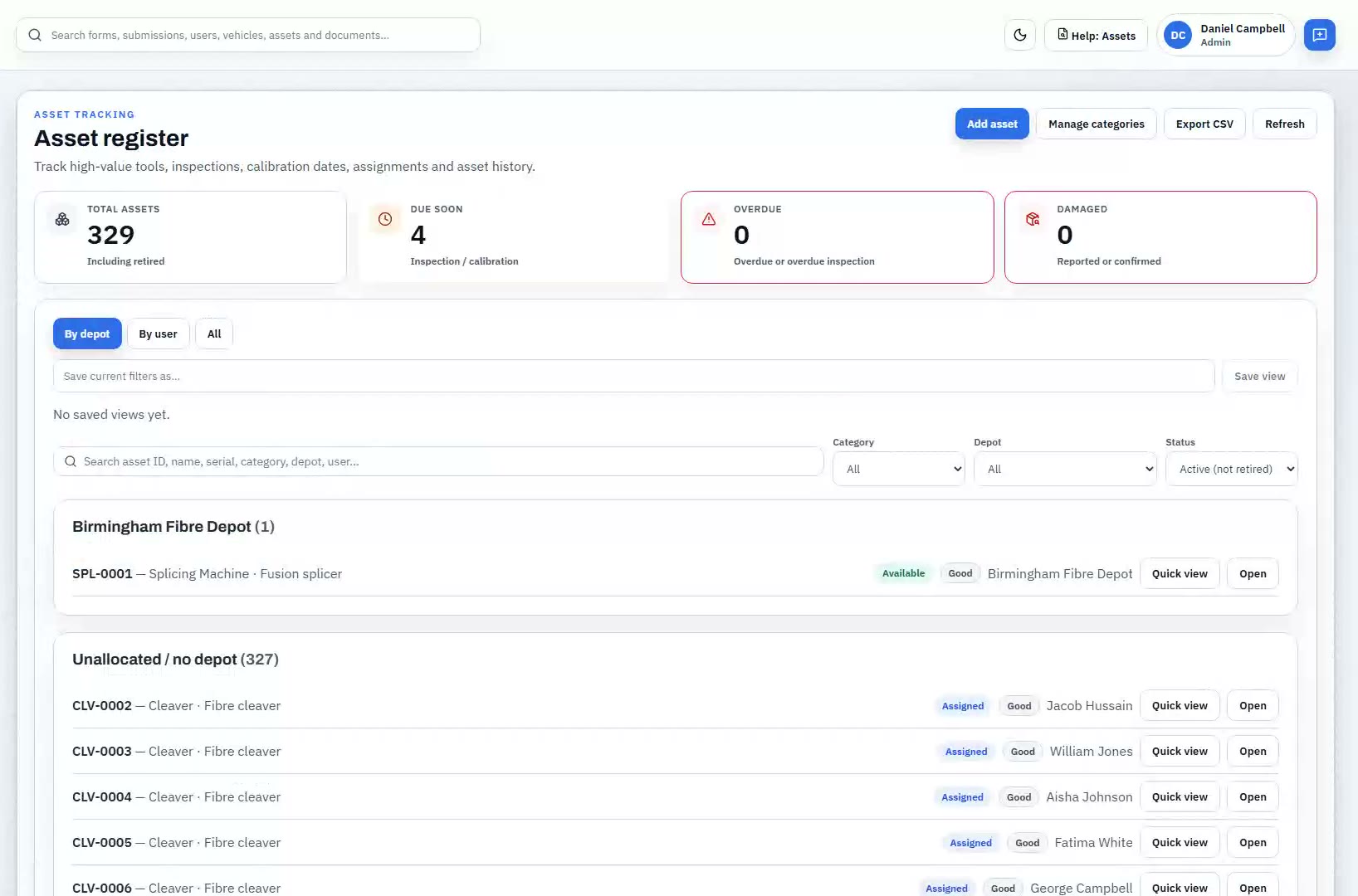 Asset register showing inspection and assignment history