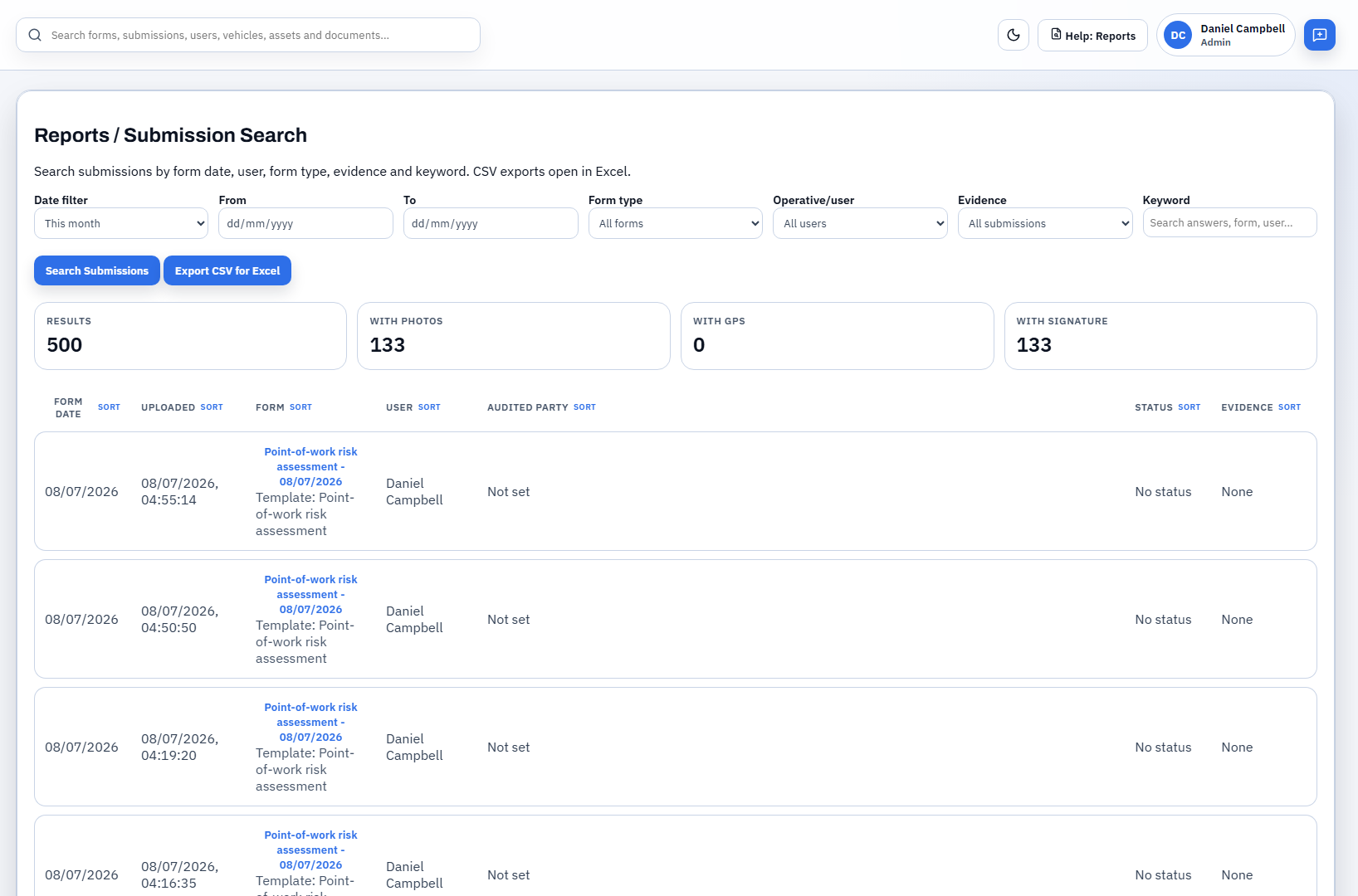 Reports and submission search, filtered by form date, user, form type and evidence